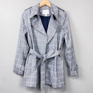 Carolina Belle Plaid Trench Coat Size‎ L Belted Lightweight Blue Preppy Academia